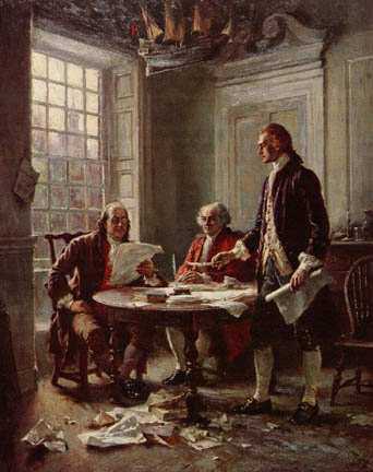 Committee of Five - Shows Jefferson, Adams and Franklin working on the Declaration of Independence