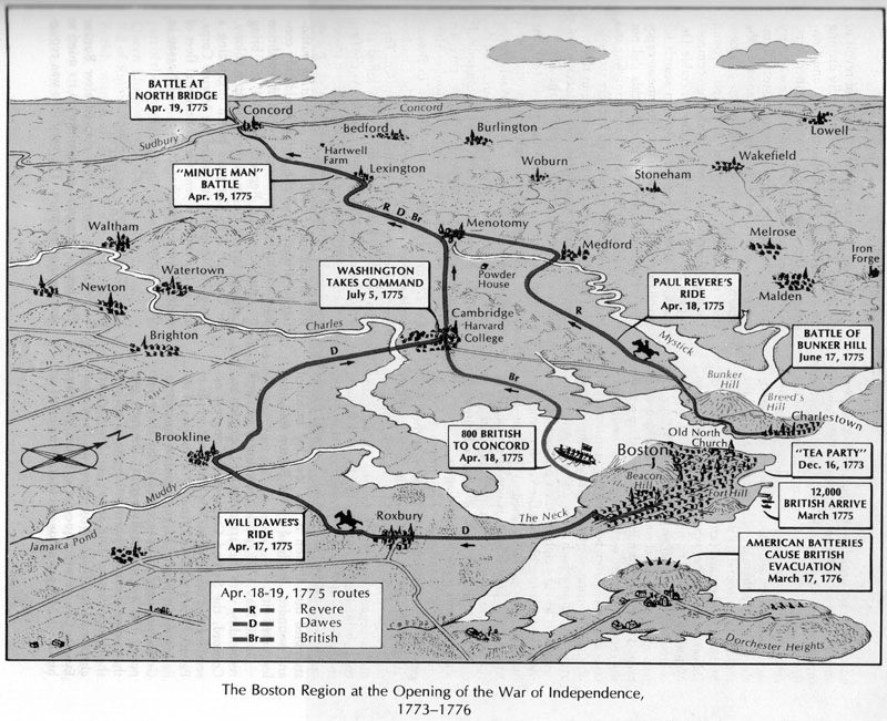 Map showiong the routes of William Dawes and Paul Revere