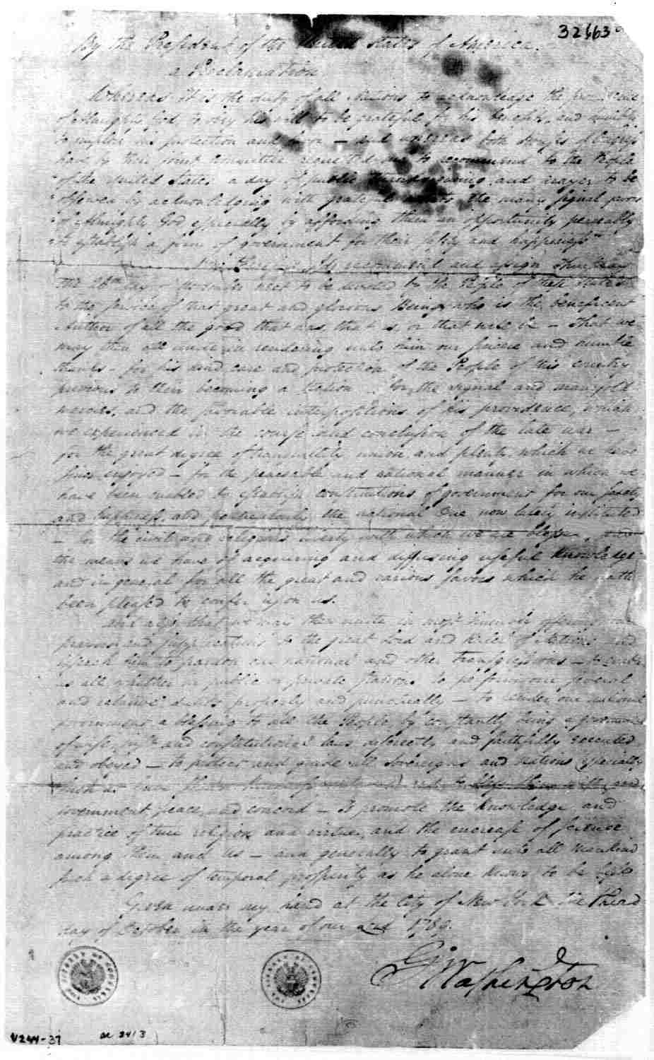 Original copy of George Washington's Thanksgiving Proclamation
