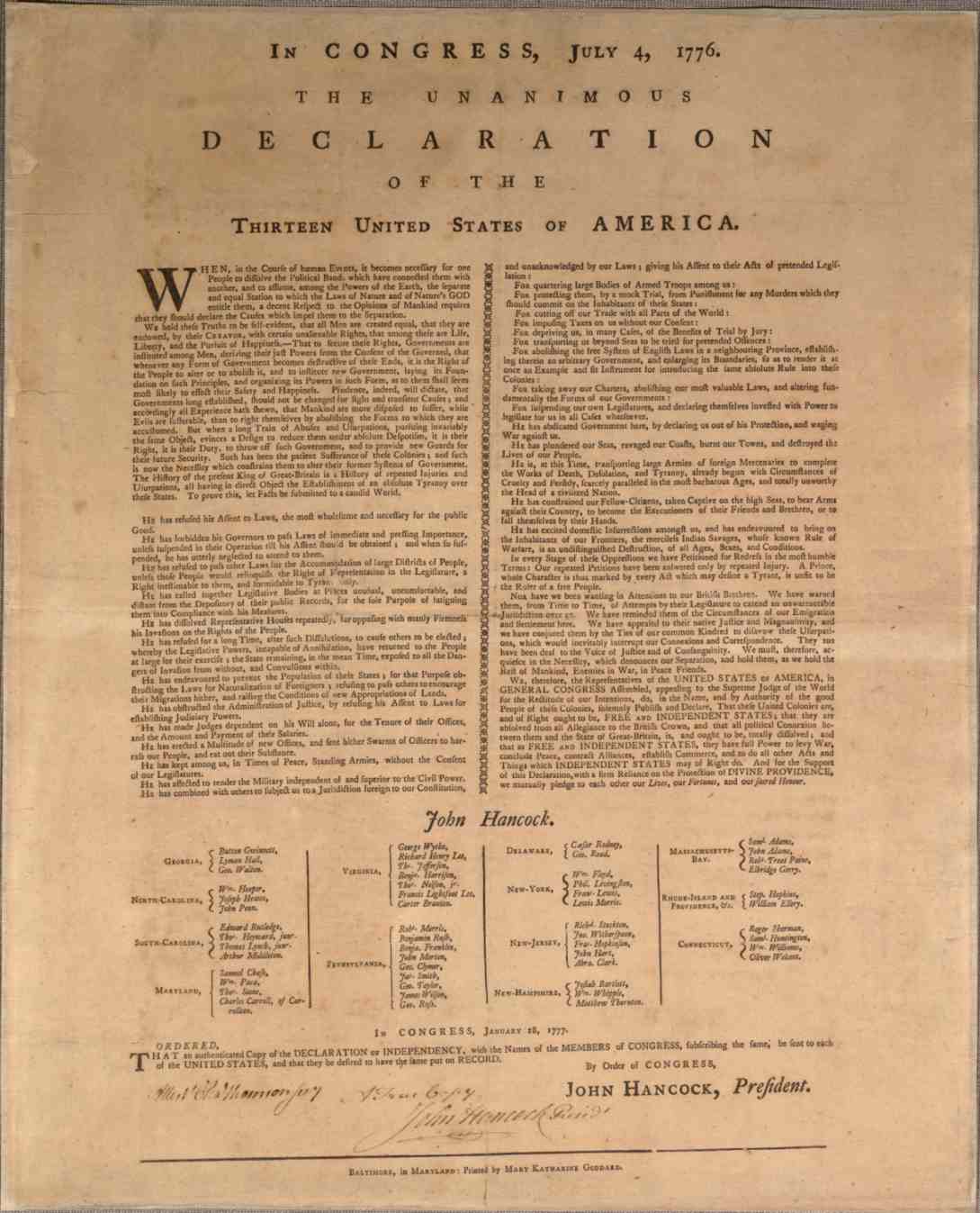 Mary Katherine Goddard Declaration of Independence