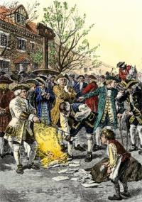 Stamp Act protestors burning stamps